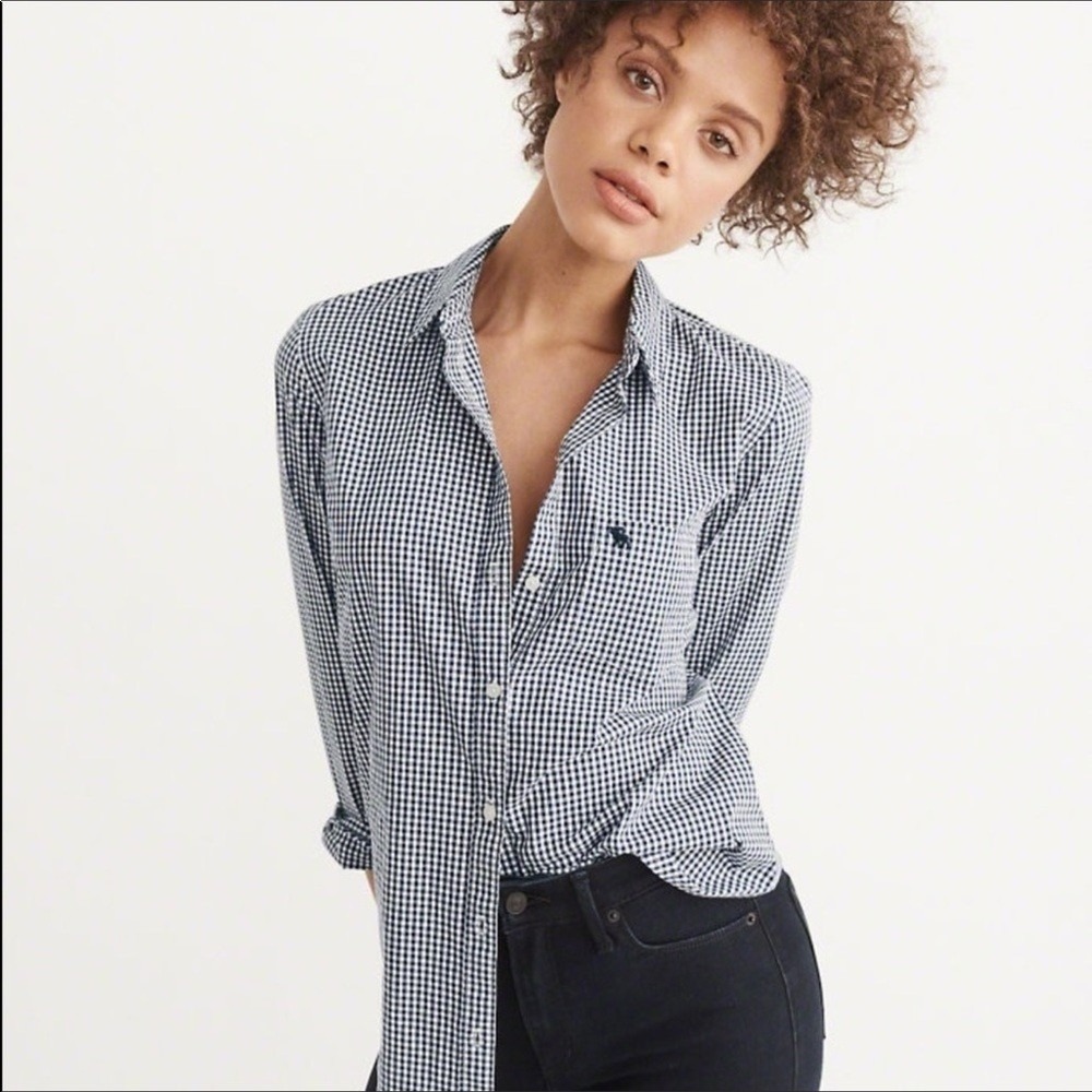 Abercrombie & Fitch Button Down Gingham Shirt M Navy White Moose Logo Cotton